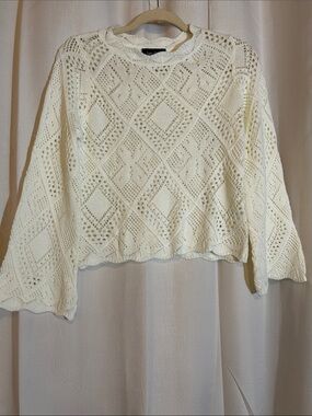 Lea & Viola Cream Openwork Diamond-Pattern Crewneck Sweater